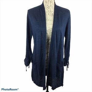 J.Jill Love Linen Blue Open Cardigan Cinched Tie Sleeves